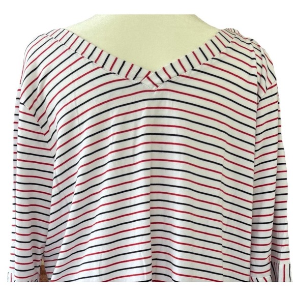 J Jill 3/4 Sleeve Patriotic Top Women's L Petite‎ White Red Blue Stripe V-Neck - Picture 5 of 6